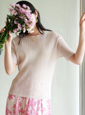 春之2024夏季高端褶皱基础款时尚休闲修身显瘦百搭t恤pleats