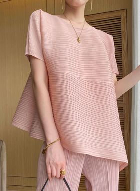 春之褶皱2022夏季褶皱不规则大码宽松小香风短袖斜T恤miyake