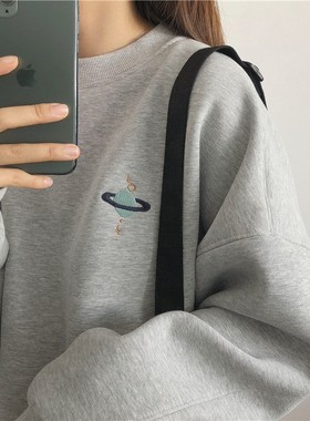 C muzi21秋巨厚实！重磅质感星球刺绣宽松加厚加绒圆领套头卫衣女