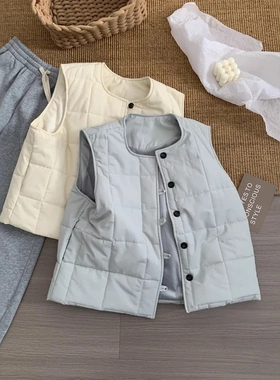 日系减龄菱格圆领棉马甲女秋冬加厚保暖羊毛夹层圆领纽扣开衫外套