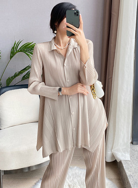 H褶皱春秋新款上衣女设计感小众宽松大码女装遮肚子显瘦衬衫