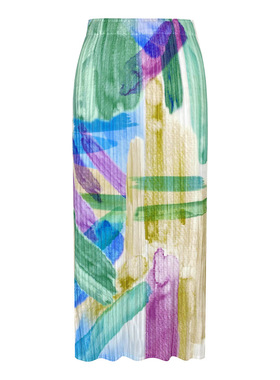 印花半身裙女夏秋季新款高腰开叉a字裙显瘦气质包臀褶皱裙子女