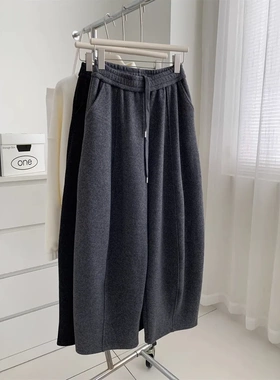 简约韩版仿羊绒阔腿弯刀裤女垂感慵懒加绒加厚显瘦毛呢拖地裤裤冬