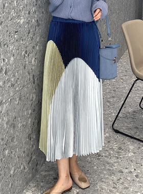 时尚褶皱半身裙2021春秋时尚小众轻熟风百褶裙高腰a字显瘦中长款