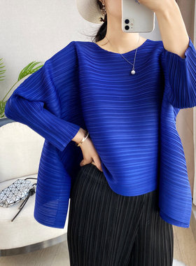 H褶皱上衣女时尚设计感小众三宅新款侧两层宽松大码t恤女士洋气