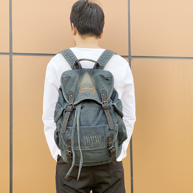 双肩包男款旅行复古韩版休闲大包牛仔布背包旅游户外运动大学生包