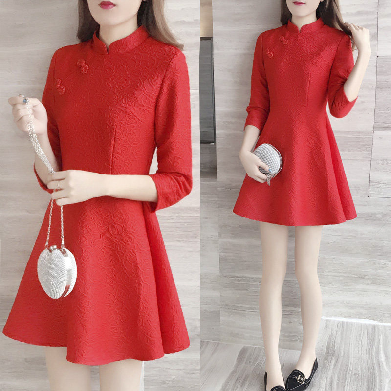 旗袍改良版连衣裙秋冬小个子小红色赫本风礼服裙女宴会气质拜年裙
