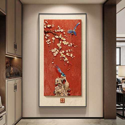 喜上枝头玄关装饰画新中式花鸟过道走廊挂画寓意好入户正对门壁画