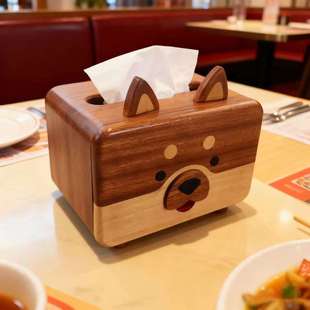 客厅轻奢桌面古风柴犬卡通实木创意纸巾盒纸盒复古木质收纳盒