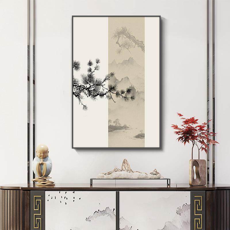 新中式玄关柜装饰画水墨山水走廊过道挂画高级感客厅进门竖版壁画