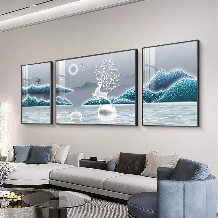 客厅钻石画2025新款满钻轻奢高级感蓝色三联画福鹿山水点十字绣