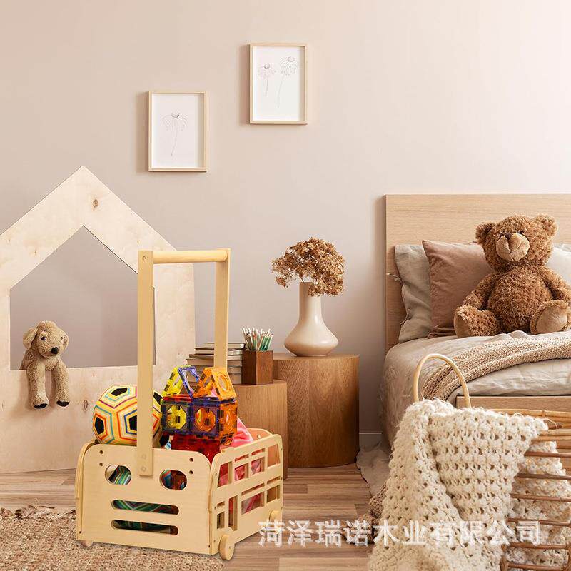 跨境衣物收纳箱带车轮婴儿玩具储物架家用木质婴儿洗浴用品收纳篮