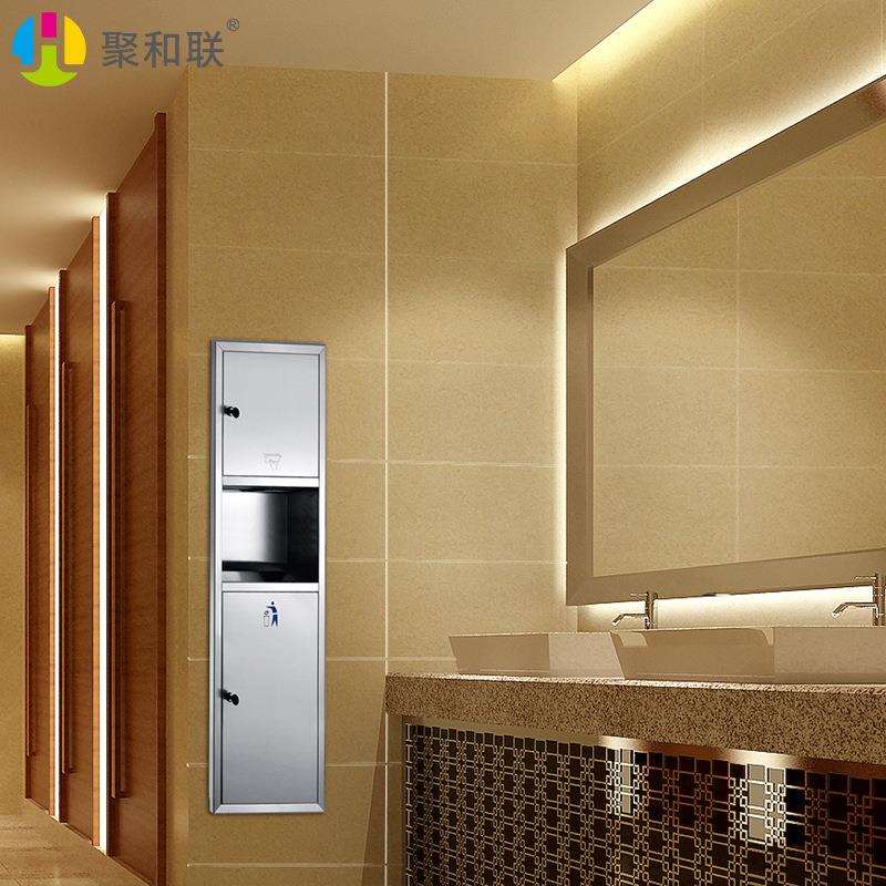 304不锈钢二合一抽纸箱 入墙嵌入式纸巾架带垃圾桶商场用商用