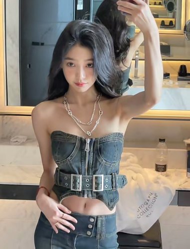 iamgia易梦玲同款牛仔抹胸上衣短款设计小众性感显瘦辣妹长裤套装
