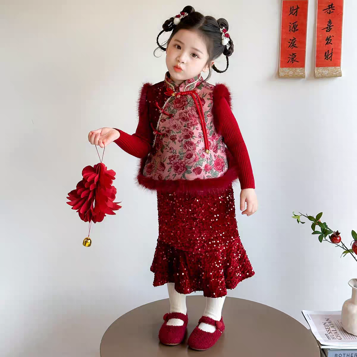 【蔷薇】SC854女童冬季夹棉不加绒国风拜年服马甲裙子两件套,童装/婴儿装/亲子装,普通外套,淘宝优惠券,粉丝福利购,淘宝优惠卷