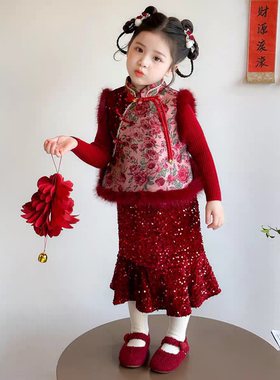 【蔷薇】SC854女童冬季夹棉不加绒国风拜年服马甲裙子两件套