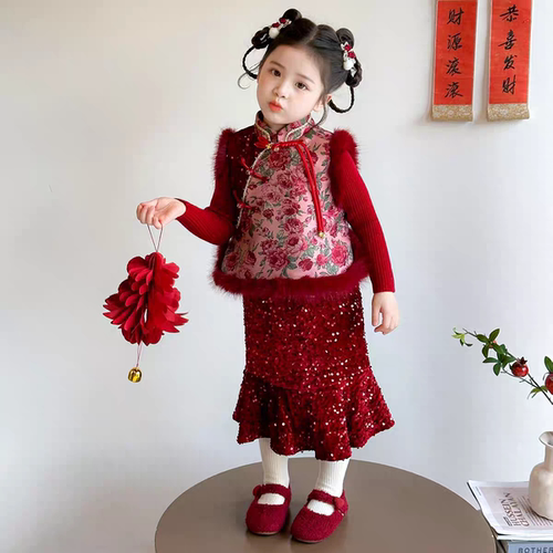 【蔷薇】SC854女童冬季夹棉不加绒国风拜年服马甲裙子两件套