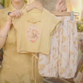 豆包 上衣碎花裤 九分裤 现货 SC344女童夏季 猫咪印花短袖 子套装