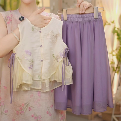 【紫黛】SC359女童夏季新中式刺绣蝴蝶上衣阔腿裤套装