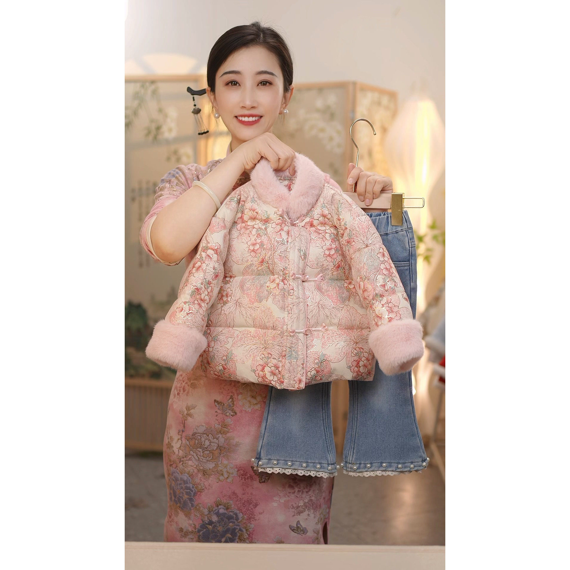 现货【桃花源】SC699女童冬季新中式加绒加厚国风外套牛仔裤套装,童装/婴儿装/亲子装,普通外套,淘宝优惠券,粉丝福利购,淘宝优惠卷