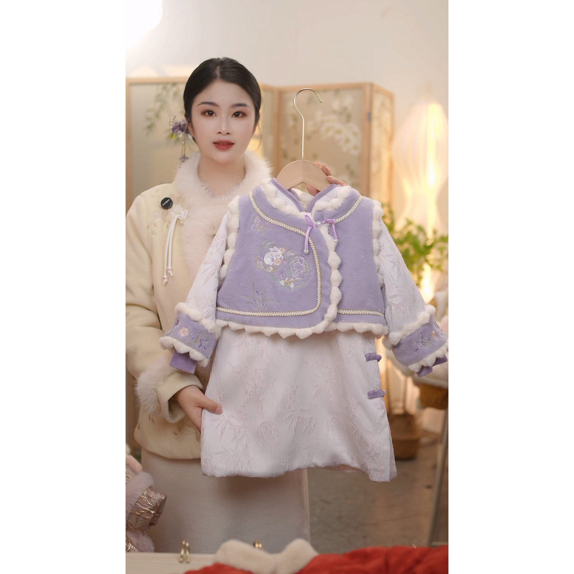 现货【紫薇】SC721女童冬季新中式加绒加厚旗袍裙国风套装拜年服