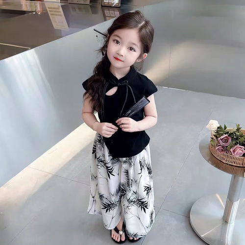 现货【墨竹】SC236女童夏季水墨风辣妹国风上衣短袖T阔腿裤套装