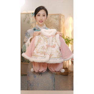 子套装 现货 国风加绒加厚保暖外套裤 SC722女童冬季 拜年服 粉蕊
