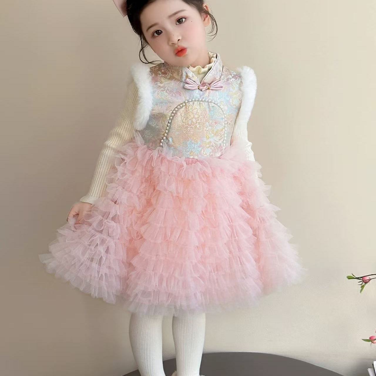 【粉樱】SC822女童冬季国风加绒保暖新中式马甲旗袍裙拜年服