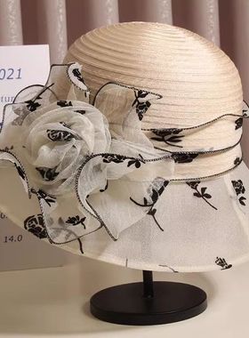 太阳帽女夏季欧根纱花朵渔夫帽出游度假遮阳帽防紫外线英伦复古帽