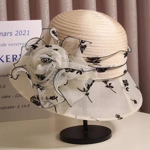 太阳帽女夏季欧根纱花朵渔夫帽出游度假遮阳帽防紫外线英伦复古帽