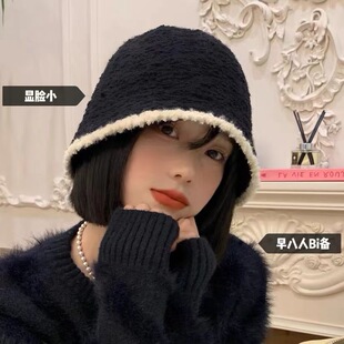 日系学生早八大头围秋冬天帽子女百搭毛绒拼接针织保暖毛线渔夫帽