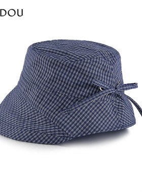 出口日本!miu系藏青格子翻檐渔夫帽女春夏季大遮阳帽出游防晒盆帽