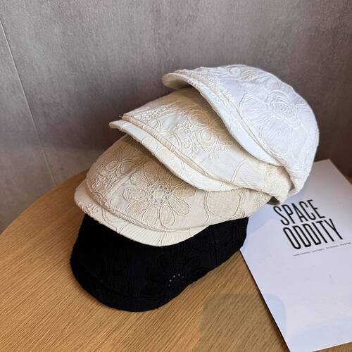 日系复古花朵刺绣白色前进帽女春夏季薄款防晒鸭舌帽反戴报童帽子