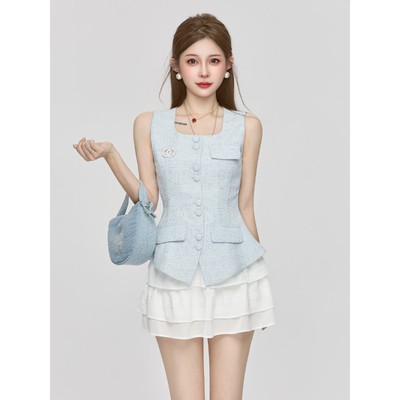小香风气质名媛套装裙女夏无袖小背心上衣a字蓬蓬蛋糕短裙两件套