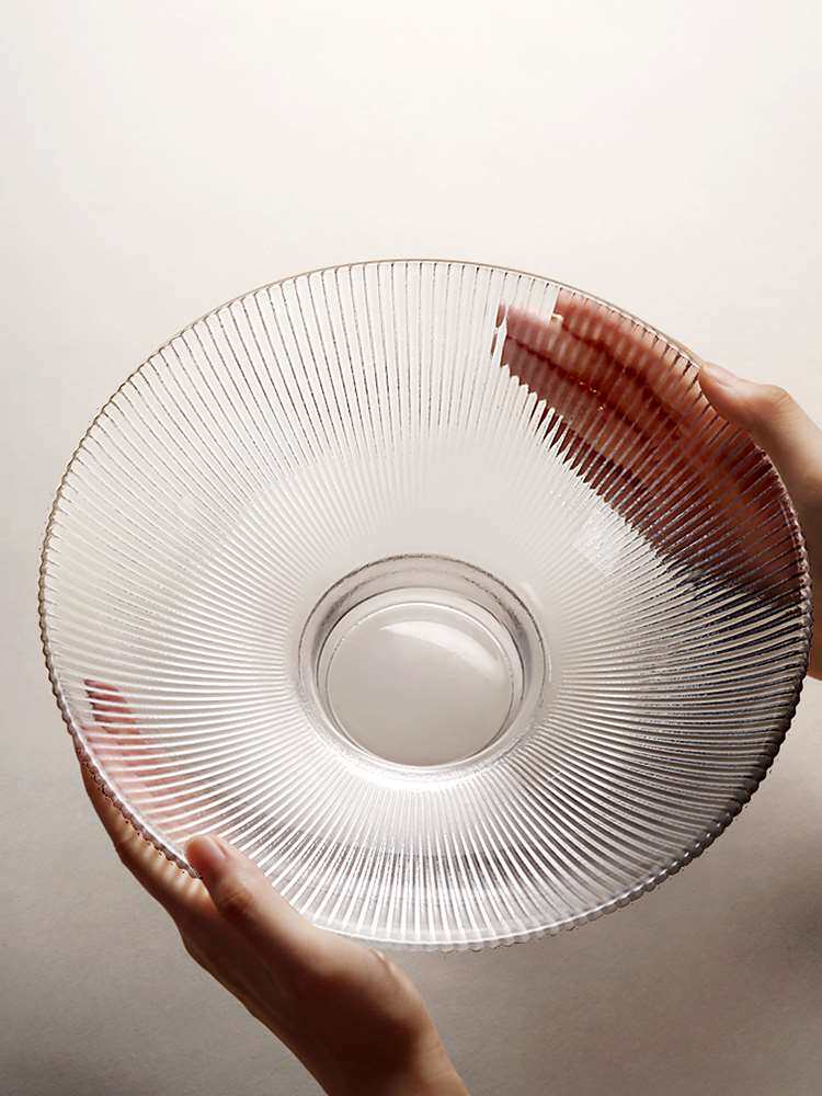 九土日式玻璃条纹果盘创意圆形简约托盘客厅茶几家用盘子大号果盆