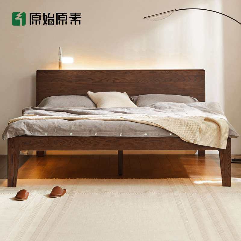 原始原素实木床橡木北欧床现代简约家具黑胡桃色主卧双人床f8012