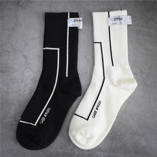 C2H4莱纳标签袜子几何线潮袜工业机能高街风中筒袜纯棉运动高帮袜