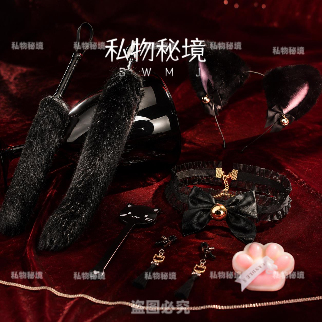 猫咪主题黑毛耳饰项圈多件套