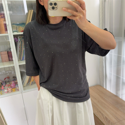 麻里棉空气酶洗烫钻廓形短袖T恤