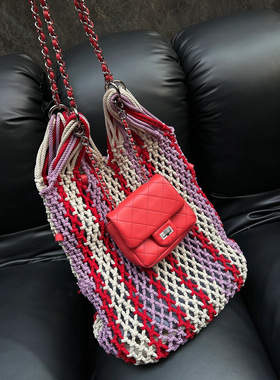 THREE新品网红牛牛同款时尚彩色编织网兜双子包设计腋下单肩包包
