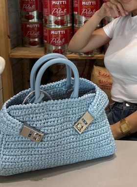 THREE新品网红同款时尚百搭草编mini设计撞色休闲单肩手提包包女