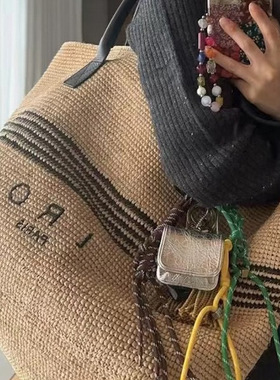 THREE新品网红同款时尚百搭慵懒风小众草编大容量托特包编织包包