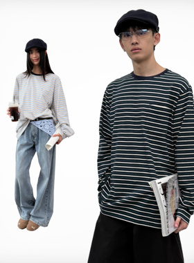 roaringwild a arch 咆哮野兽蓝色条纹撞色上衣圆领美式长袖t恤男