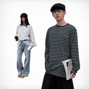 长袖 roaringwild 咆哮野兽蓝色条纹撞色上衣圆领美式 arch t恤男