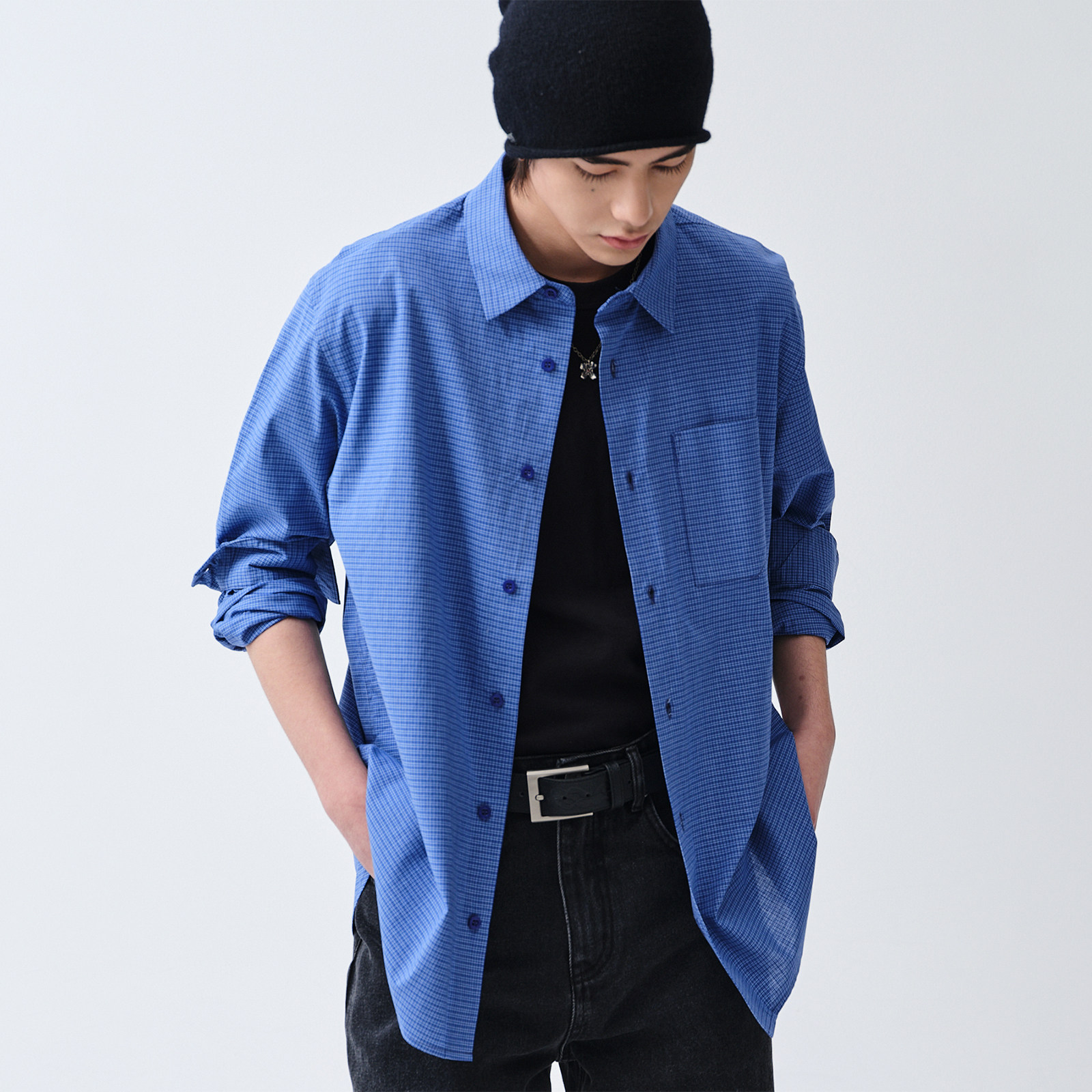 ROARINGWILD 主线系列 蓝色细织格纹长袖衬衫