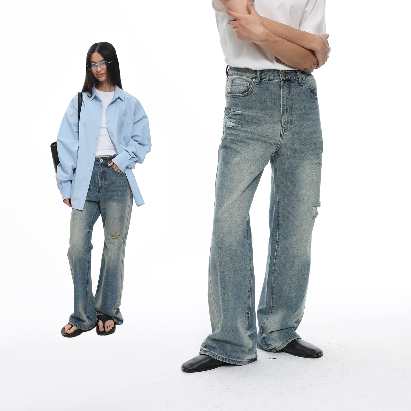 咆哮野兽水洗破坏微喇牛仔长裤