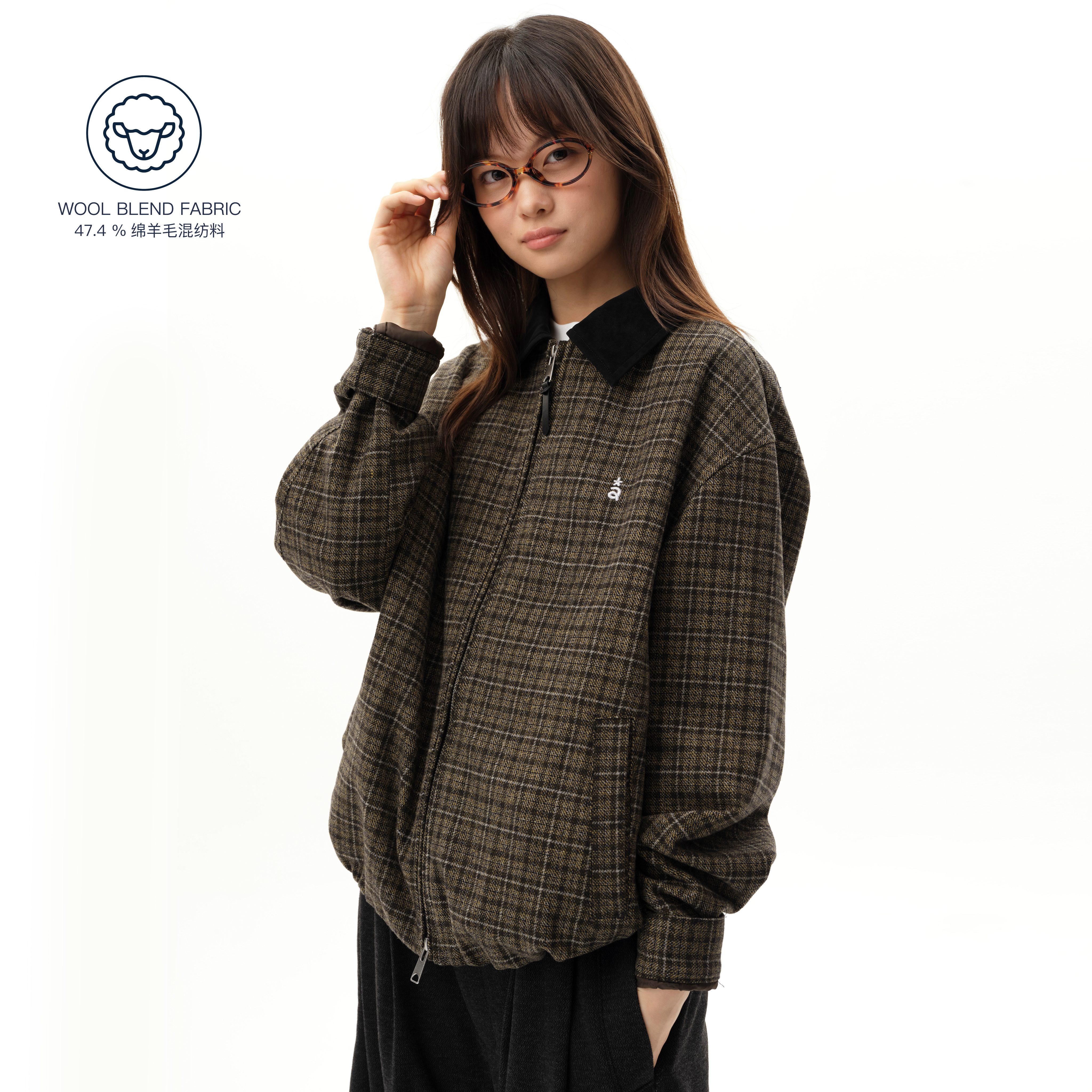 roaringwild翻领格纹夹克外套