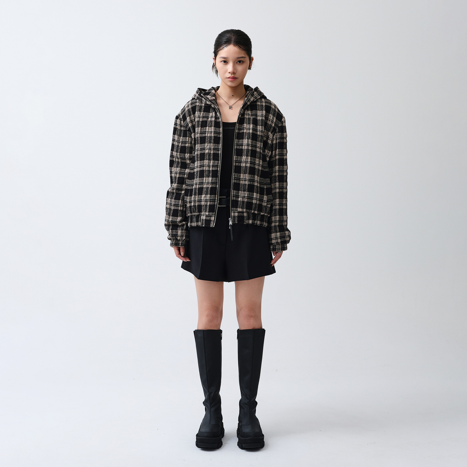 ROARINGWILD 主线系列  黑白格纹羊毛混纺夹棉连帽外套