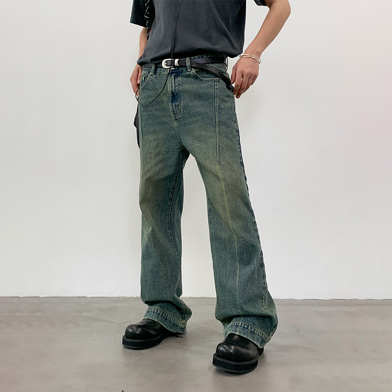 咆哮野兽复古黄洗水破坏牛仔裤