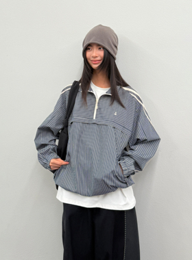 roaringwild a arch咆哮野兽藏蓝色条纹上衣半拉链美式长袖衬衫男